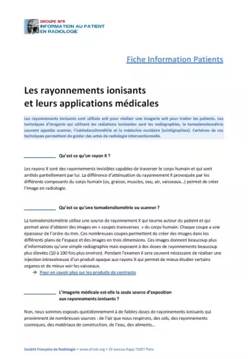 Fiche information patients : Rayonnements Ionisants